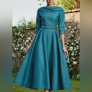 Teal Long-Sleeve Fit & Flare Midi Dress with Waist Belt #135
